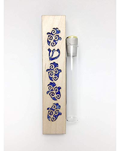 Handmade Hamsa Maple Wood Blue Fused Glass Wedding Mezuzah