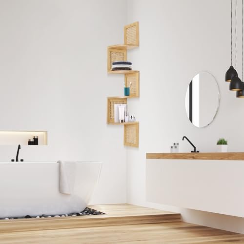 Bamboo 4-Tier Floating Corner Shelf Natural Rattan Wall Mount