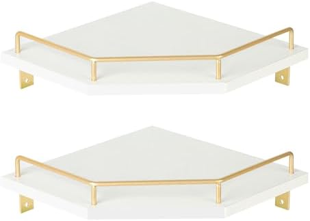 Tirzah White Wall Mount Corner Shelf with Gold Metal Guardrail