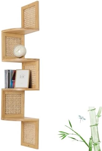 Bamboo 4-Tier Floating Corner Shelf Natural Rattan Wall Mount