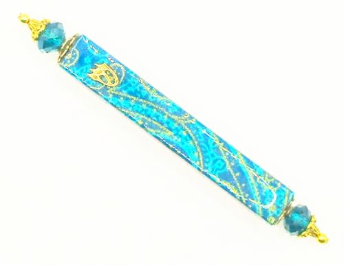 Handmade Mezuzah with Aqua Blue and Purple Paisley Design