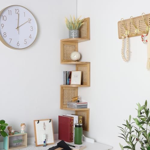 Bamboo 4-Tier Floating Corner Shelf Natural Rattan Wall Mount