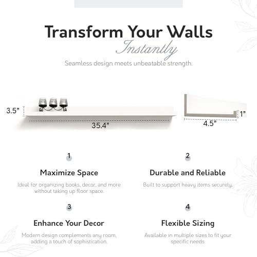 InPlace Durable Shelf with Picture Ledge - White Floating Wall Mount