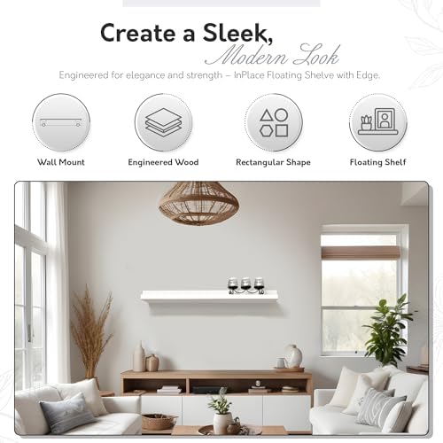 InPlace Durable Shelf with Picture Ledge - White Floating Wall Mount