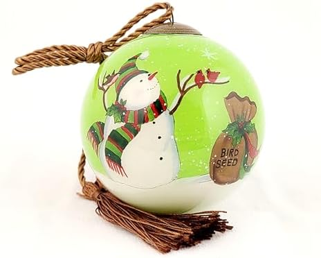 Intricate Inside-Painted Snowman Feeding Birds Glass Ornament