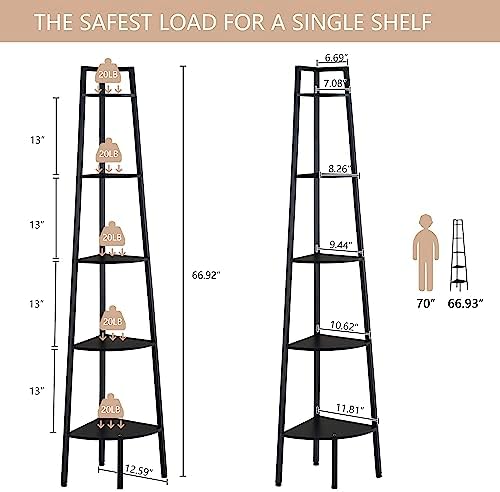 Hoctieon 5-Tier Corner Bookshelf Black Metal Frame