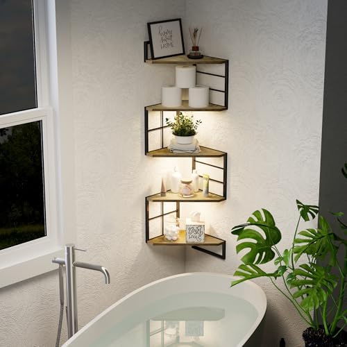 Floating Corner Shelves with Light - 5 Tiers Metal Wall Mount