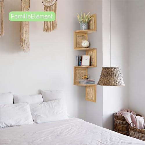 Bamboo 4-Tier Floating Corner Shelf Natural Rattan Wall Mount
