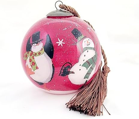 Artisan Painted Glass Ornament - Snowman Penguin Dance