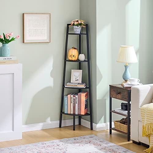 Hoctieon 4-Tier Corner Bookshelf Black Metal Frame