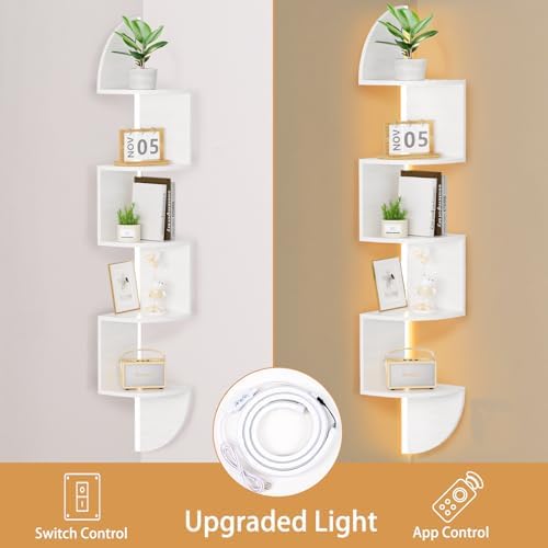 5-Tier Floating Corner Bookshelf with LED Light White