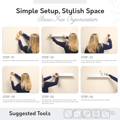 InPlace Durable Shelf with Picture Ledge - White Floating Wall Mount