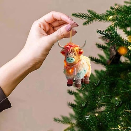 Cute Acrylic Highland Cow Christmas Tree Decor