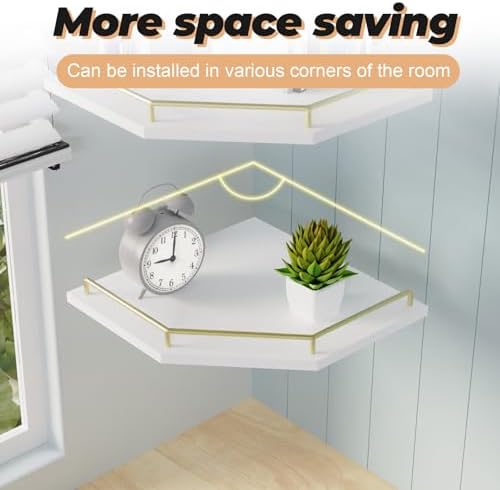 Tirzah White Wall Mount Corner Shelf with Gold Metal Guardrail