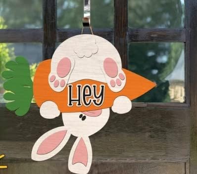 Easter Welcome Board Wooden Rabbit with Carrot Door Hanger