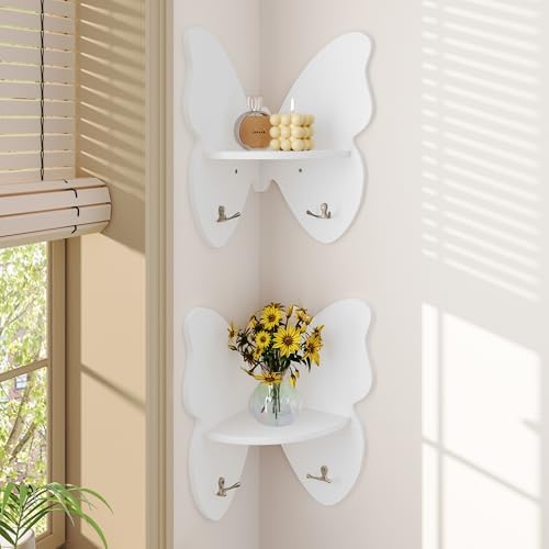 Curipeer 2 Pack Butterfly Corner Floating Shelves with Hooks White