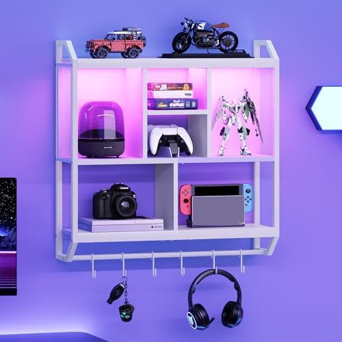 HOOBRO LED Gaming Floating Shelf with 3 Tiers and Hanging Rod