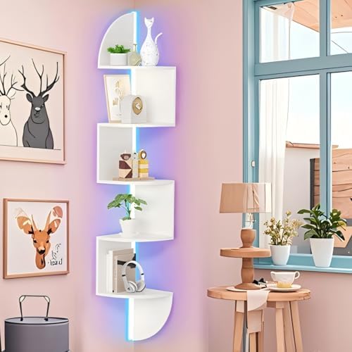 5-Tier Floating Corner Bookshelf with LED Light White