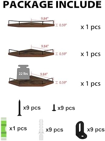 HORLIMER 3 Pack Floating Corner Shelves Wall Mount Brown