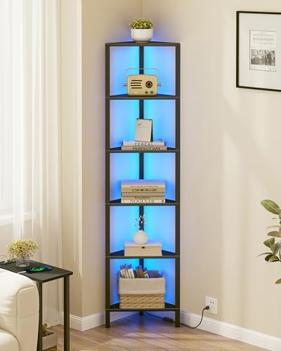 TUTOTAK Corner Shelf with LED Light 6-Tier Black BS05BK006L