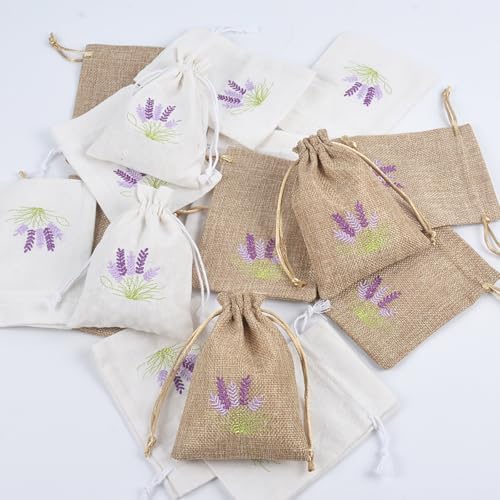 10 Pcs Lavender Pattern Burlap Drawstring Sachet Bags for Wedding DIY