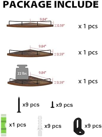 HORLIMER 3-Pack Brown Floating Corner Shelf Set