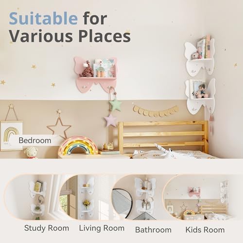Curipeer 2 Pack Butterfly Corner Floating Shelves with Hooks White