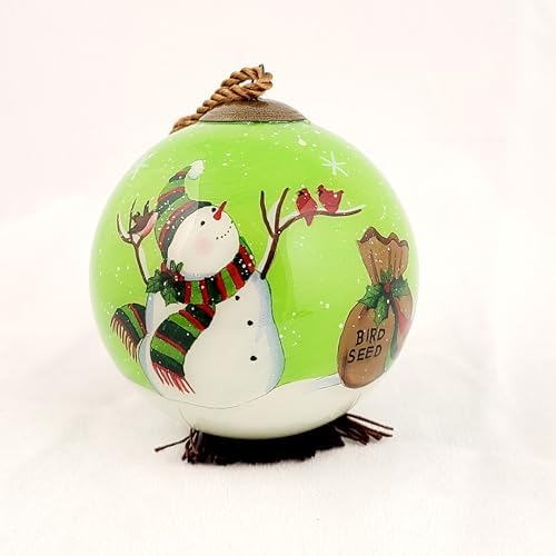 Intricate Inside-Painted Snowman Feeding Birds Glass Ornament