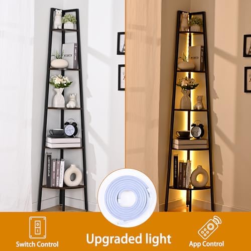 Waipfaru 5-Tier Corner Bookshelf with LED Light