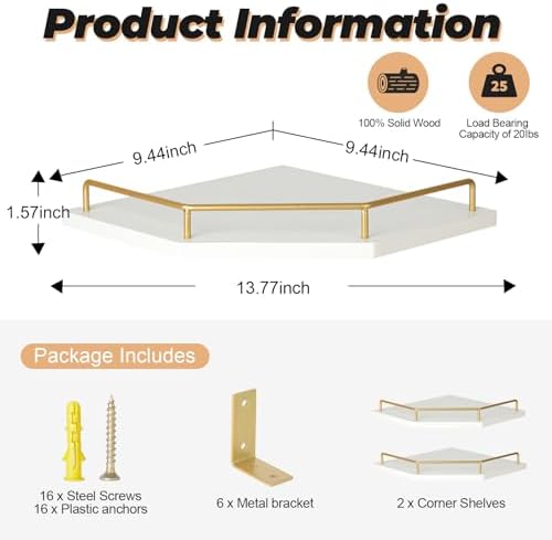 Tirzah White Wall Mount Corner Shelf with Gold Metal Guardrail