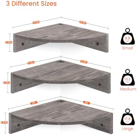 Homode Corner Floating Shelves Set of 3 Rustic Grey