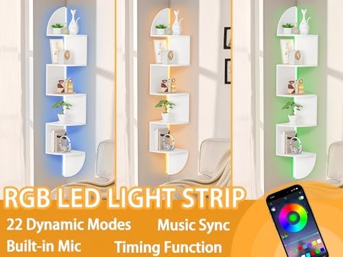5-Tier Floating Corner Bookshelf with LED Light White