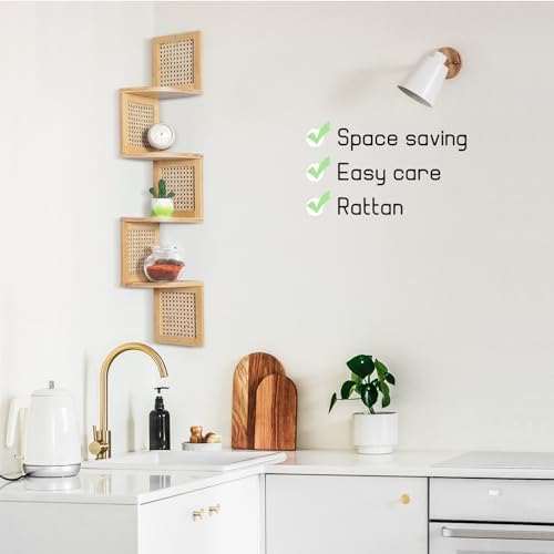 Bamboo 4-Tier Floating Corner Shelf Natural Rattan Wall Mount