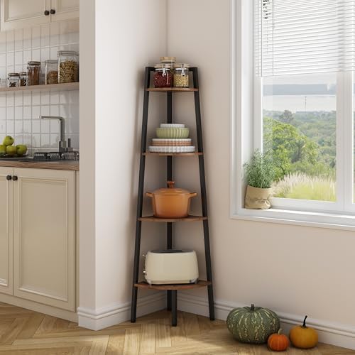 Hoctieon 4-Tier Corner Bookshelf with Rustic Brown Finish