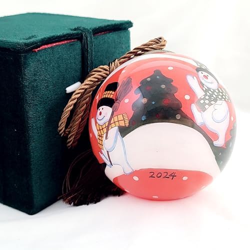 Handmade Red Snowman Glass Ornament with Gift Box