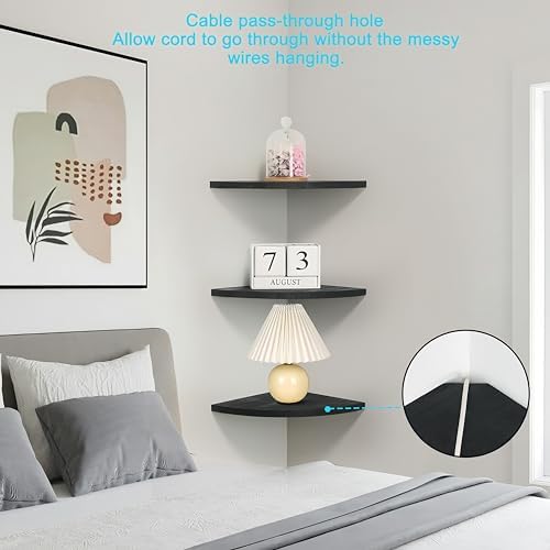 Wood Corner Floating Shelf with Cable Raceway - 10 Inch Black