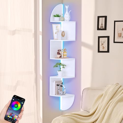 5-Tier Floating Corner Bookshelf with LED Light White