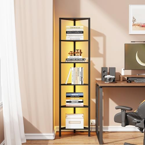 TUTOTAK Corner Shelf with LED Light 6-Tier Black BS05BK006L