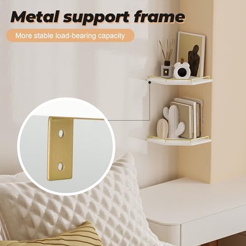 Tirzah White Wall Mount Corner Shelf with Gold Metal Guardrail