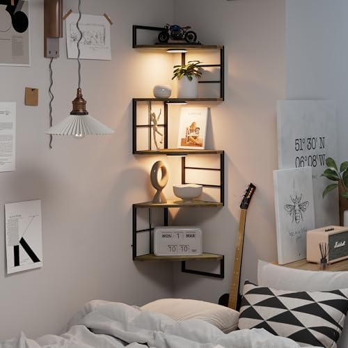 Floating Corner Shelves with Light - 5 Tiers Metal Wall Mount