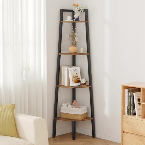 Hoctieon 4-Tier Corner Bookshelf with Rustic Brown Finish