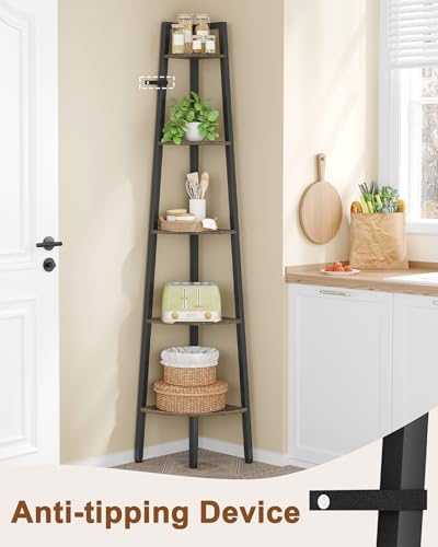 Hoctieon 5-Tier Corner Bookshelf Grey Metal Frame