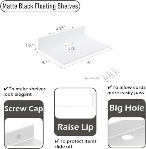 Small Floating Shelves with Bluetooth Speaker Mount 6 Inch 2 Pack Aluminum