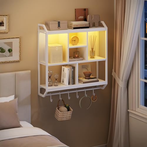 HOOBRO LED Gaming Floating Shelf with 3 Tiers and Hanging Rod