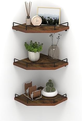 HORLIMER 3 Pack Floating Corner Shelves Wall Mount Brown