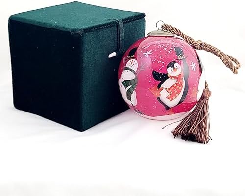 Artisan Painted Glass Ornament - Snowman Penguin Dance