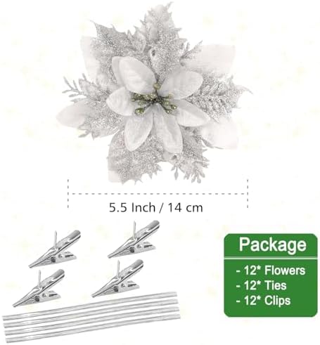 Pack of 12 Silver 5 Inch Glitter Flower Christmas Hanging Ornaments
