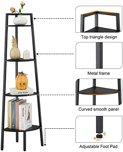 Hoctieon 4-Tier Corner Bookshelf Black Metal Frame