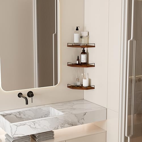 HORLIMER 3 Pack Floating Corner Shelves Wall Mount Brown