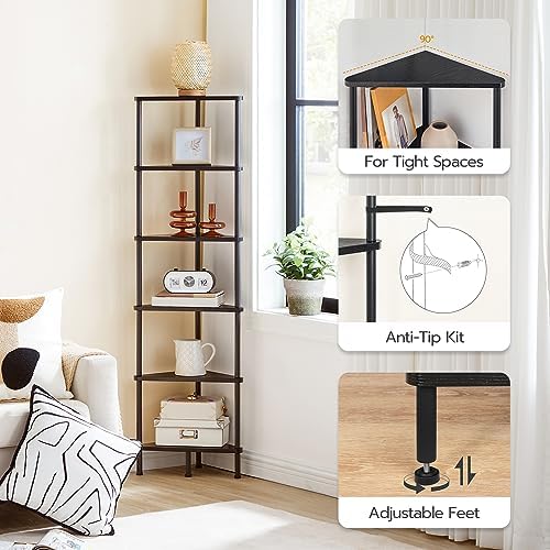 HOOBRO 6-Tier Corner Bookshelf with Metal Frame Black BK36CJ01